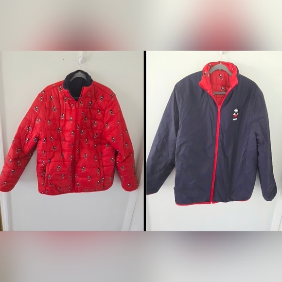 Disney Parks Mickey Mouse Red Purple Jacket REVERSIBLE Puffer Womens Size Large - Picture 1 of 7